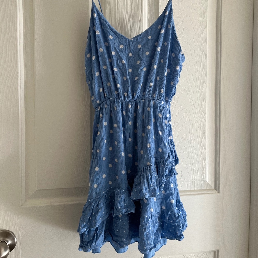 Juniors small blue dress with white Polka dots